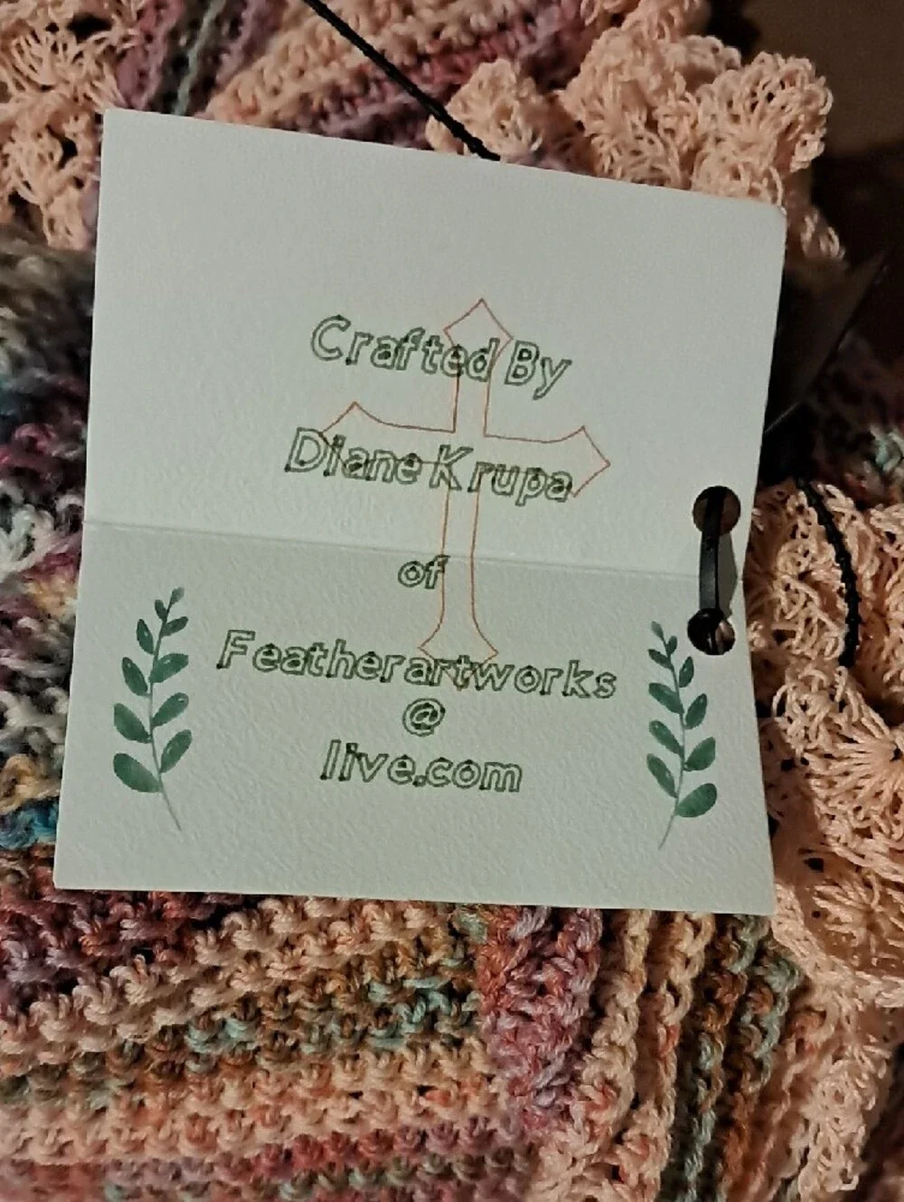 Handmade Multicolor Knit Baby Blanket with Peach Trim